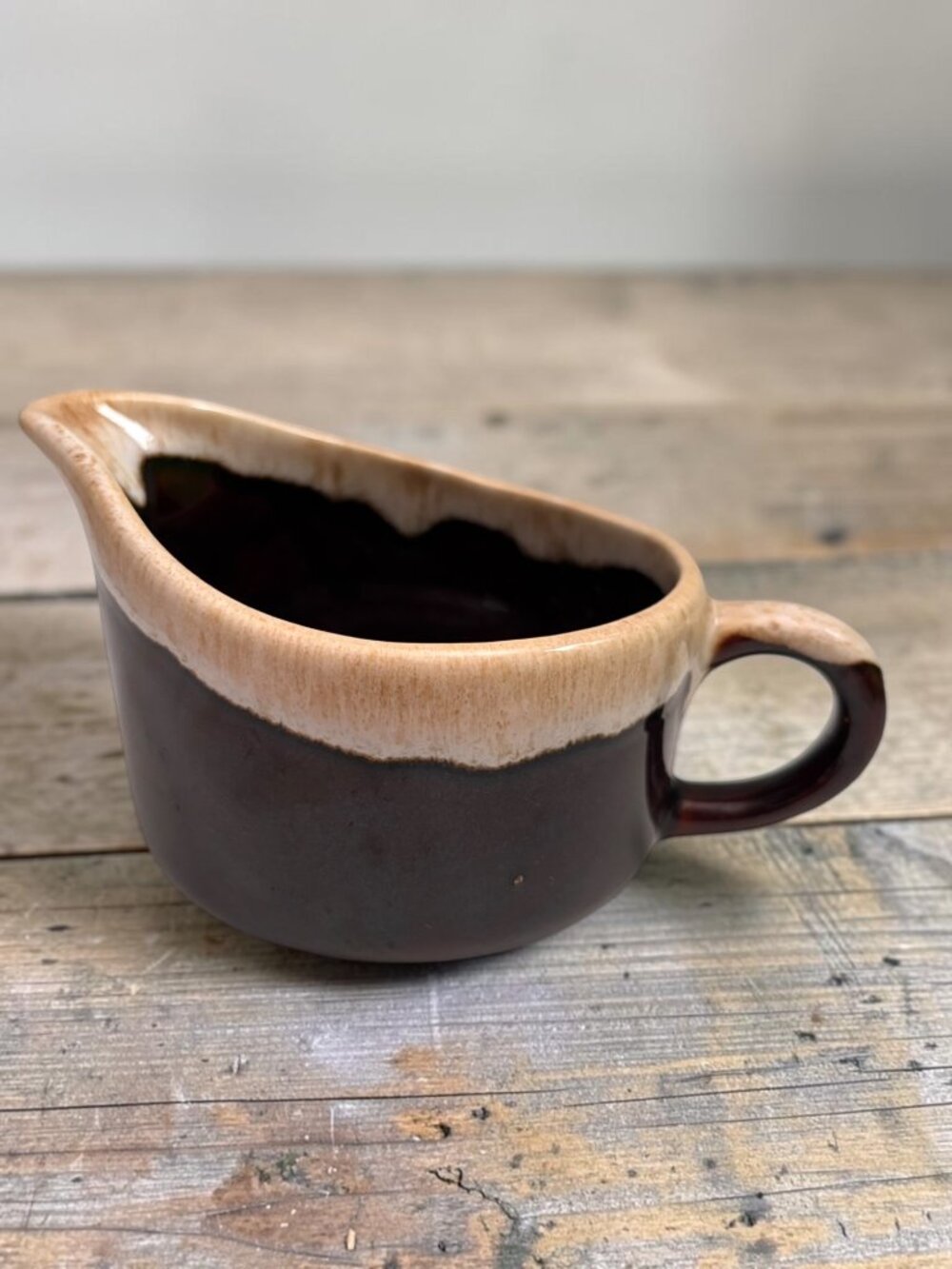 Vintage Handcrafted Ceramic Gravy Boat creamer Brown & Beige Drip Glaze Mid-Cent